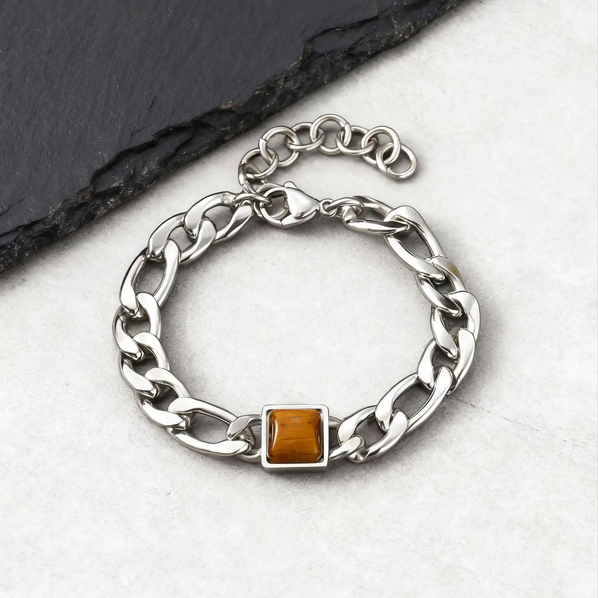 Bracelet Tiger Link avec pierre carrée et chaînette de rallonge