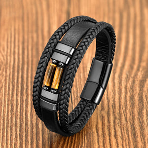 Bracelet Urban Stone noir multirang avec pierre centrale dorée