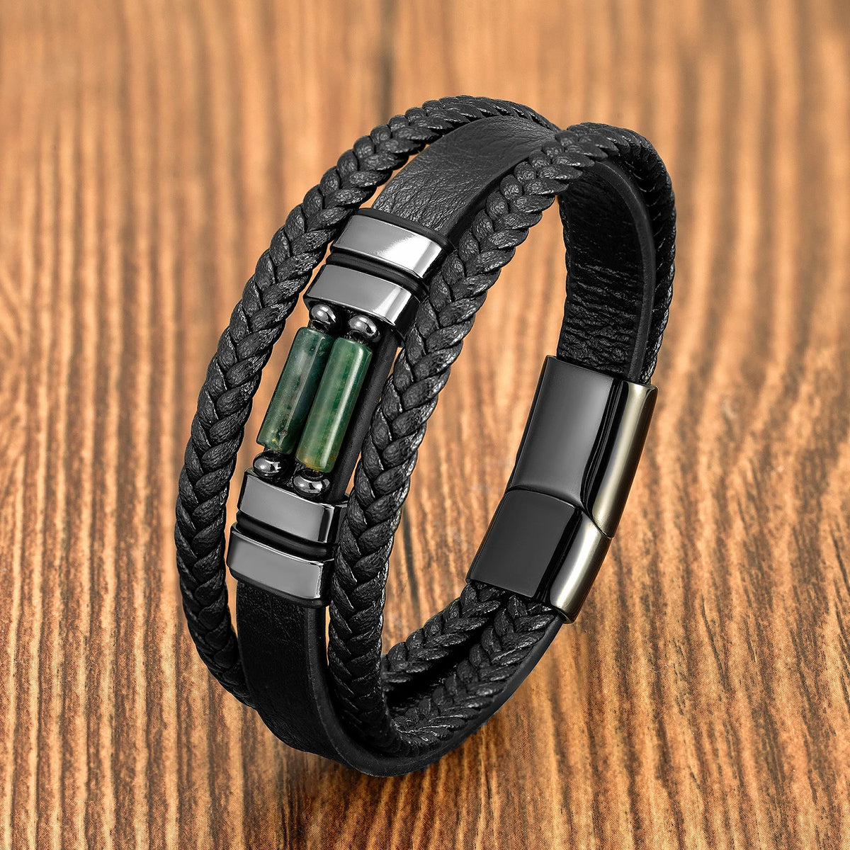 Bracelet Urban Stone noir avec pierre verte